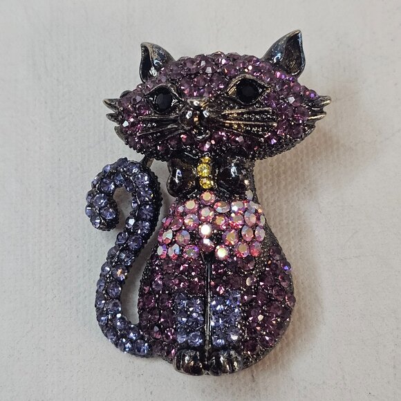 OPCKR Cat Kitten Brooch Pink Purple Rhinestone Animal Jewelry Sparkling - Picture 1 of 8